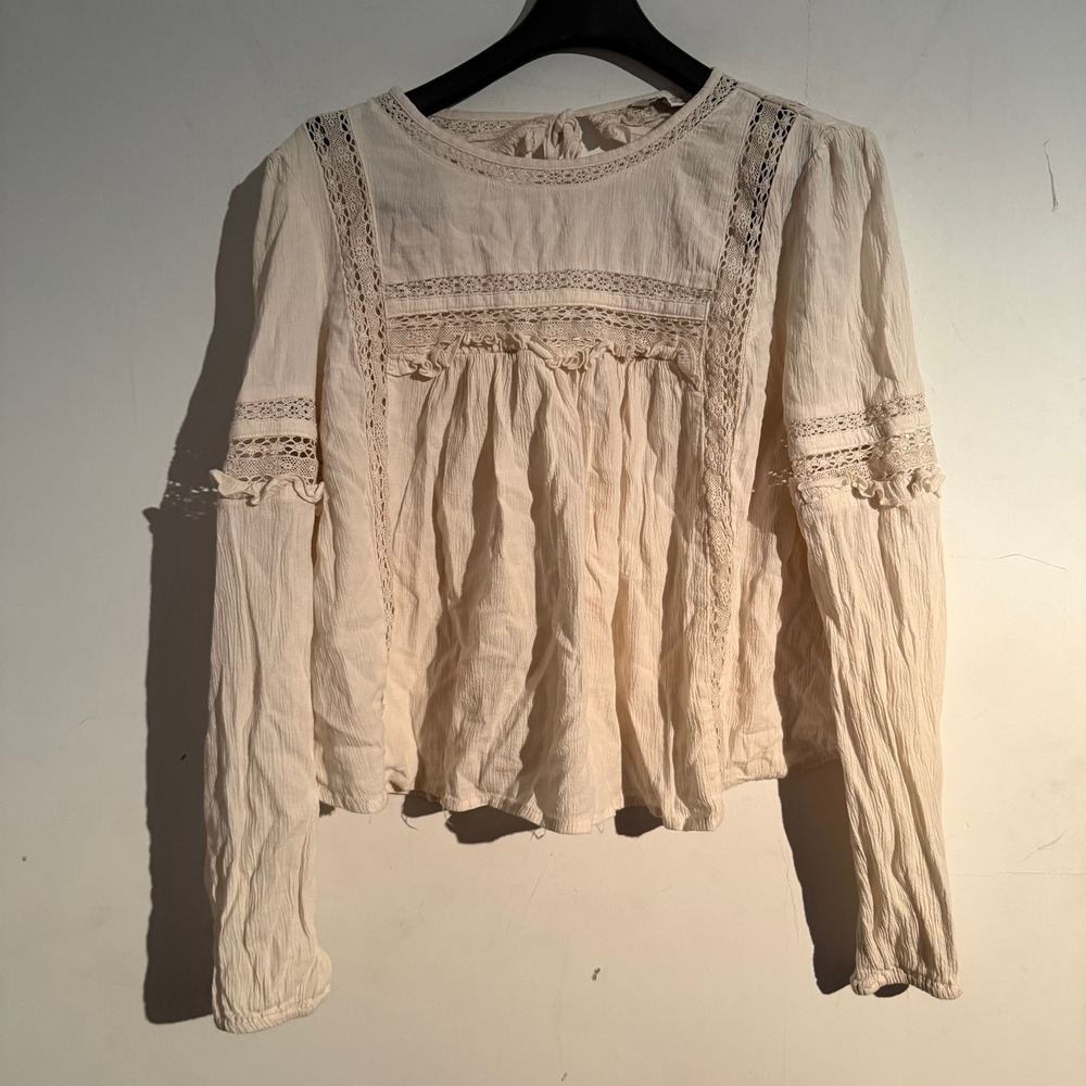American Eagle Small Peasant Blouse Gauzy Boho Indie Crochet Lace Detail